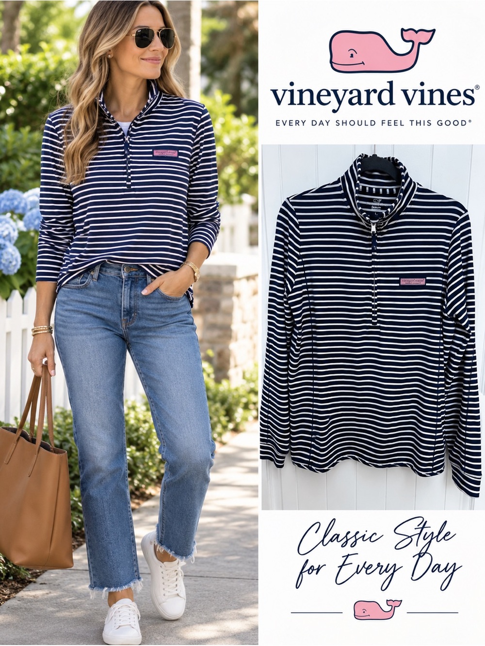 Vineyard Vines Sankaty Navy White Striped Quarter Zip Pullover
